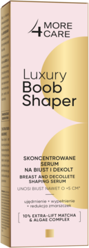 Różowe opakowanie serum do biustu 4 MORE CARE Luxury Boob Shaper ze złotym wzorem, widok pod kątem.