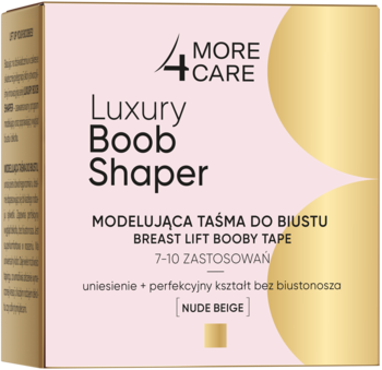 Nude beżowe opakowanie taśmy 4 MORE CARE Luxury Boob Shaper do liftingu biustu, z logo i złotym detalem, widok z przodu.