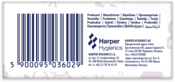 Tył opakowania patyczków higienicznych Kindii Linen Care z widocznym kodem kreskowym i danymi producenta Harper Hygienics.
