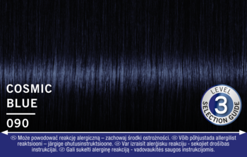 Schwarzkopf LIVE Intense Colour nr 90 Cosmic Blue, ciemnoniebieski swatch włosów z efektem pasemek, poziom 3.