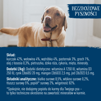 Granatowa etykieta bezzbożowej karmy Butcher's Original dla psa, z informacjami o składzie, pies w tle.