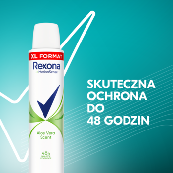 Antyperspirant Rexona Aloe Vera w białym sprayu XL, z niebieskim logiem na turkusowym tle z białymi liniami, 48h.