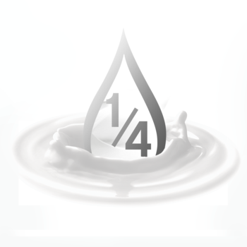 Ikona: kropla z napisem 1/4 spada do białej, mlecznej cieczy, symbolizująca ¼ kremu nawilżającego Dove.