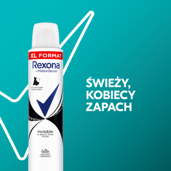 Rexona Invisible Black+White 48h antyperspirant w białym sprayu, na tle z napisem: ŚWIEŻY, KOBIECY ZAPACH i białym znakiem.