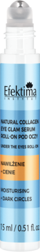 Efektima Natural Collagen Eye Glam Serum roll-on, biało-niebieska butelka na nawilżenie i cienie.