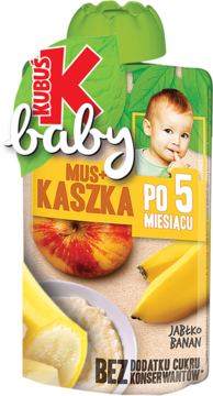 Kubuś Baby Mus+Kaszka jabłko banan, zielono-żółta saszetka z dzieckiem i owocami, dla niemowląt po 5. miesiącu.