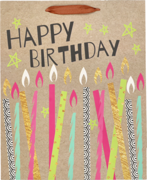 Średnia brązowa torebka urodzinowa, napis HAPPY BIRTHDAY, kolorowe świece i brokatowe detale. Widok z przodu.