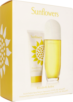 Elizabeth Arden Sunflowers zestaw: żółta butelka EDT i biała tuba balsamu w pudełku ze słonecznikiem.