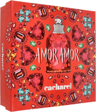 Czerwony zestaw perfum Cacharel Amor Amor: butelka EDT 50 ml na bogato zdobionym pudełku z klejnotami.