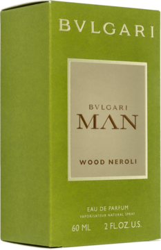 Zielone pudełko męskich perfum Bvlgari Man Wood Neroli, z beżową etykietą, widok z przodu.