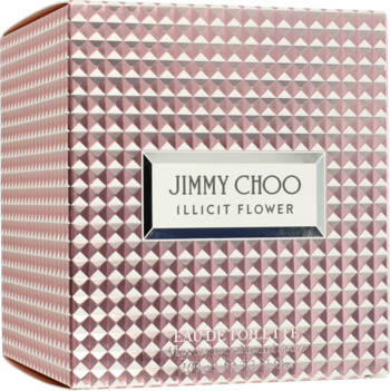 Pudełko perfum Jimmy Choo Illicit Flower, różowo-złote z geometryczną, fakturowaną powierzchnią, widok z przodu.