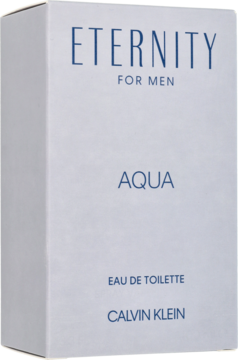 Białe pudełko Calvin Klein Eternity for Men Aqua Eau de Toilette, z niebieskim napisem, widok pod kątem.