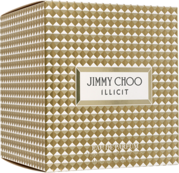 Perfumy Jimmy Choo Illicit w prostokątnym, złoto-brązowym pudełku ze strukturalnym wzorem, widok z przodu.