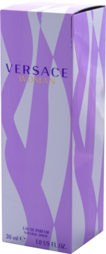 Woda perfumowana Versace Woman 30ml w białym pudełku z fioletowym falistym wzorem, widok z przodu.