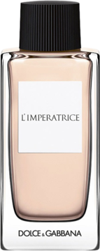 Perfumy Dolce & Gabbana L'Imperatrice, butelka z różowym płynem, czarna zakrętka, biała etykieta, widok z przodu.