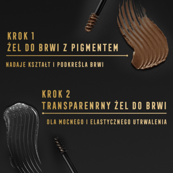 Max Factor 2000 Calorie: dwa żele do brwi, brązowy z pigmentem i transparentny, ze swatchami i aplikatorami.