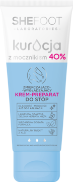 SHEFOOT KURACJA z mocznikiem 40% krem-preparat do stóp w białej tubce z niebieskim spodem, widok z przodu.