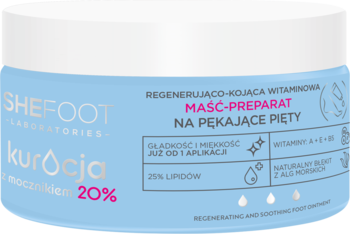 Shefoot Kurocja maść-preparat na pękające pięty, błękitny słoik z białym wieczkiem, 20% mocznika.