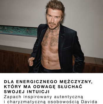 David Beckham bez koszuli w marynarce, reklamujący zapach Instinct dla mężczyzny, który słucha intuicji.