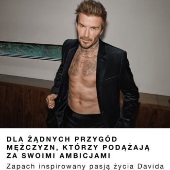 David Beckham, w otwartym czarnym garniturze, promuje Follow Your Instinct EDP dla ambitnych mężczyzn.