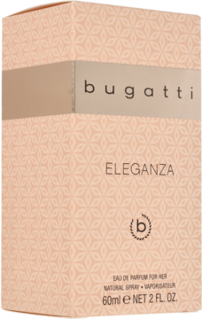 Light peach box for Bugatti Eleganza Eau de Parfum for Her, 60ml, elegant pattern, silver band, front view.