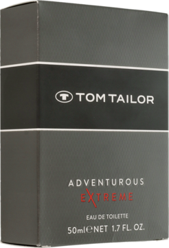 Ciemnoszare pudełko Tom Tailor Adventurous Man woda toaletowa, z przekreślonym czerwonym napisem Extreme, widok pod kątem.