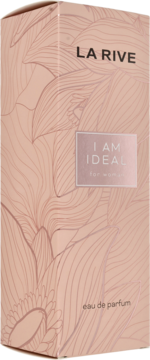 Pudełko damskiej wody perfumowanej LA RIVE I AM IDEAL EDP, jasnoróżowe z beżowymi kwiatowymi wzorami, widok z przodu.