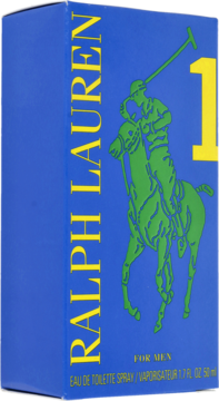 Męska woda toaletowa Ralph Lauren The Big Pony 1 Blue, niebieskie pudełko z zielonym logo polo i żółtą cyfrą 1.