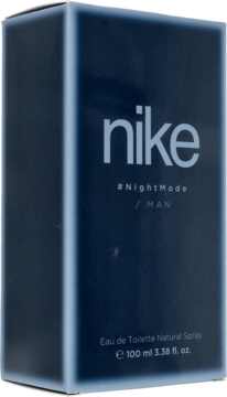 Ciemnoniebieska męska woda toaletowa Nike NightMode 100 ml w kartonowym opakowaniu, widok z przodu pod kątem.