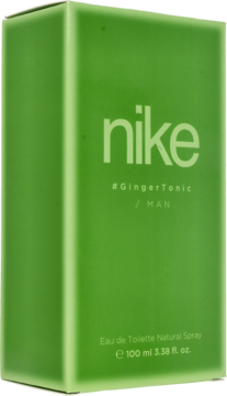 Zielone pudełko perfum Nike #GingerTonic Man Eau de Toilette 100ml, widok z przodu pod kątem.