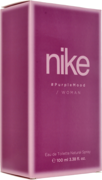 Nike #Purple Mood damska woda toaletowa, fioletowe pudełko, widok pod kątem, z białym napisem i logo.