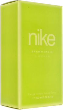 Woda toaletowa Nike Yummy Musk Woman EDT 100 ml, w jaskrawo zielonym kartonowym opakowaniu, widok z przodu pod kątem.