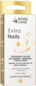 4 MORE CARE Extra Nails, olejek do skórek i paznokci w białym pudełku ze złotymi detalami, widok z przodu.