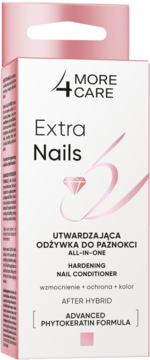More4Care Extra Nails All-in-One, utwardzająca odżywka do paznokci, biało-różowe opakowanie, widok z przodu.