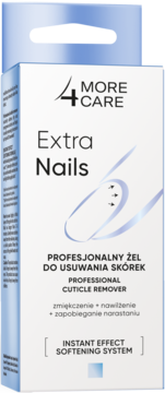 Białe pudełko 4 More Care Extra Nails żel do skórek, widok z przodu, z dużą grafiką paznokcia i niebieskim tłem.