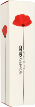 Elegancki kartonik perfum Flower by Kenzo, beżowy z ilustracją czerwonego maku i pionowym napisem.