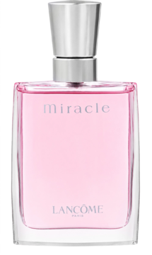Perfumy Lancôme Miracle w prostokątnym flakonie z jasnoróżowym płynem i srebrną nakrętką, widok z przodu.