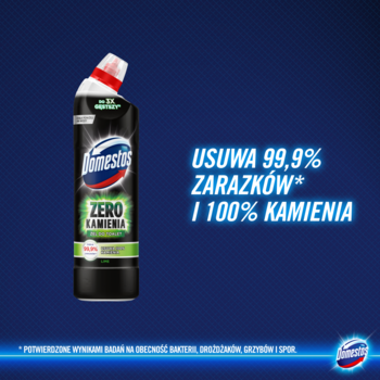 Domestos Zero Kamienia Ŵel do WC Lime, czarna butelka z czerwoną nakrętką i zielonym napisem, widok z przodu.