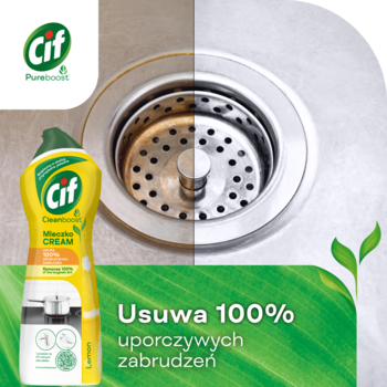 Cif Mleczko Cream Lemon, żółta butelka. Obok zlewozmywak przed i po czyszczeniu. Usuwa 100% zabrudzeń.