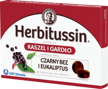 Czerwono-białe opakowanie Herbitussin pastylki na Kaszel i Gardło, czarny bez i eukaliptus, widok z przodu.