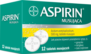 Zielone opakowanie Aspirin Musująca 500 mg, 12 tabletek, lek na objawy przeziębienia i grypy. Widok z przodu.