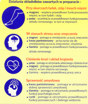 Grafika informacyjna suplementu Asparaginian Extra: korzyści dla mięśni, stresu, krążenia, umysłu, na fioletowym tle.