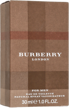 Pionowe brązowe pudełko Burberry London For Men 30 ml, z beżowo-czerwoną kratą.