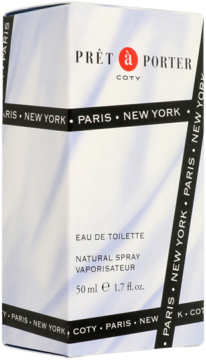Białe pudełko Pret-a-Porter Eau de Toilette 50 ml, z czarno-czerwonym logo i pasami 'Paris New York', widok z przodu.