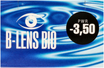 Niebieskie opakowanie soczewek B-LENS BIO z białym logo oka i mocą -3,50 w czarnym kółku.