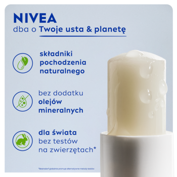 NIVEA pomadka, wysunięta, z tekstem o naturalnych składnikach, braku olejów mineralnych i testów na zwierzętach.