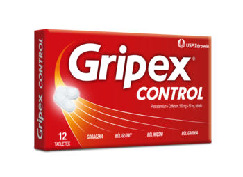 Czerwone opakowanie Gripex Control na ból głowy, mięśni i gorączkę, widok z przodu, z białymi tabletkami.