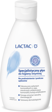 Lactacyd, specjalistyczny płyn do higieny intymnej na podrażnienia, w białej butelce z przodu.
