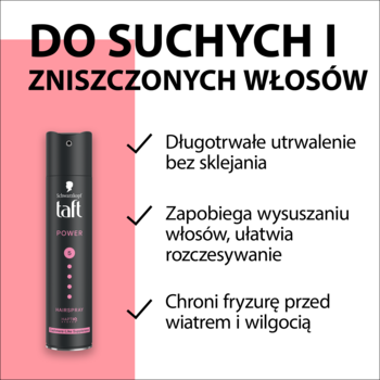 Czarny lakier Taft Power Cashmere dla suchych włosów, z różowymi detalami i tekstem o długotrwałym utrwaleniu.