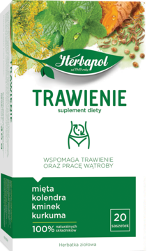 Białe pudełko Herbapol Trawienie, herbatki ziołowej z miętą, kolendrą, kminkiem, kurkumą, widok z przodu.